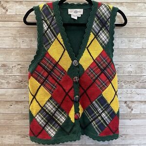 Vintage Rebecca Thomas Womens S Vest Crochet Green Golf Sweater Argyle‎ Plaid